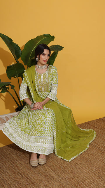 Green chickenkari work allover on Anarakli suit set