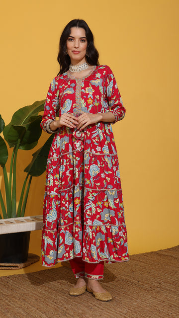 Red printed full flare anarkali suit set