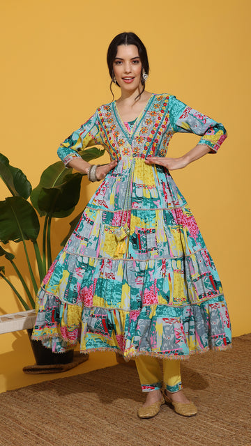 Multicolour Full flare Anarkali suit set