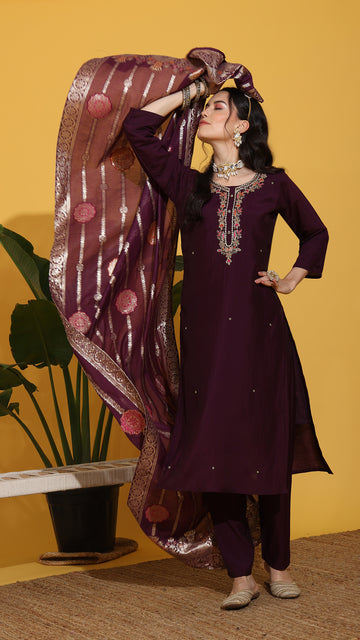 Wine colour suit with hand embroidery on neck with heavy dupatta suit set