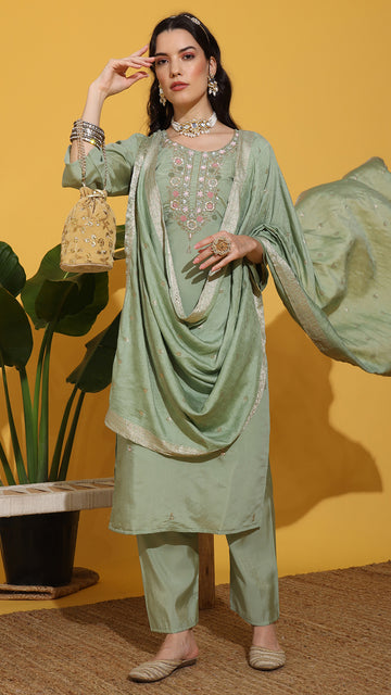 Pista green hand embroidery on neck suit set