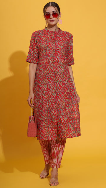 Maroon katha cotton co ord set with one side pocket