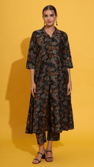 Black muslin foil print co ord set