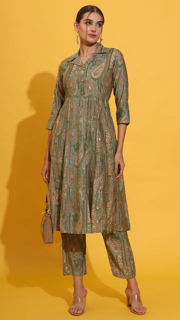 Green muslin foil print co ord set