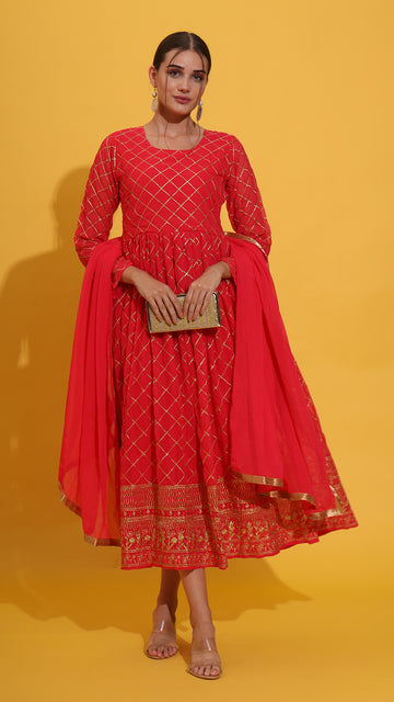 Pink embroidered gown+dupatta set