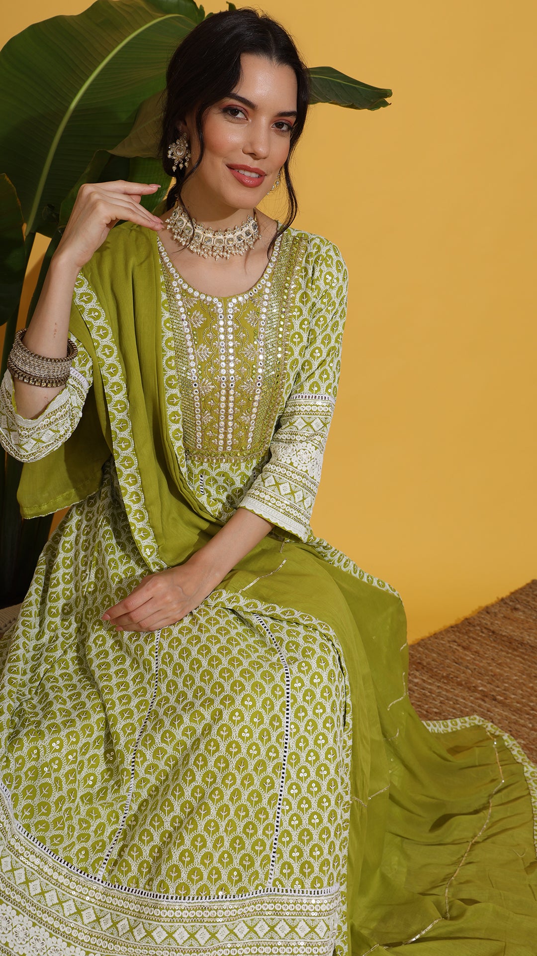 Green chickenkari work allover on Anarakli suit set