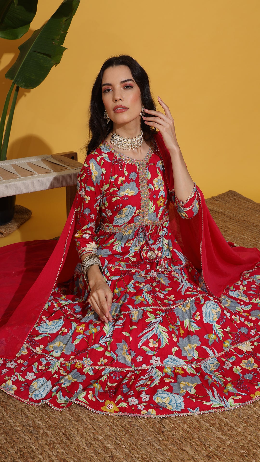 Red Printed Full Flare Anarkali Suit Set Red Printed Full Flare Anarkali Suit Set