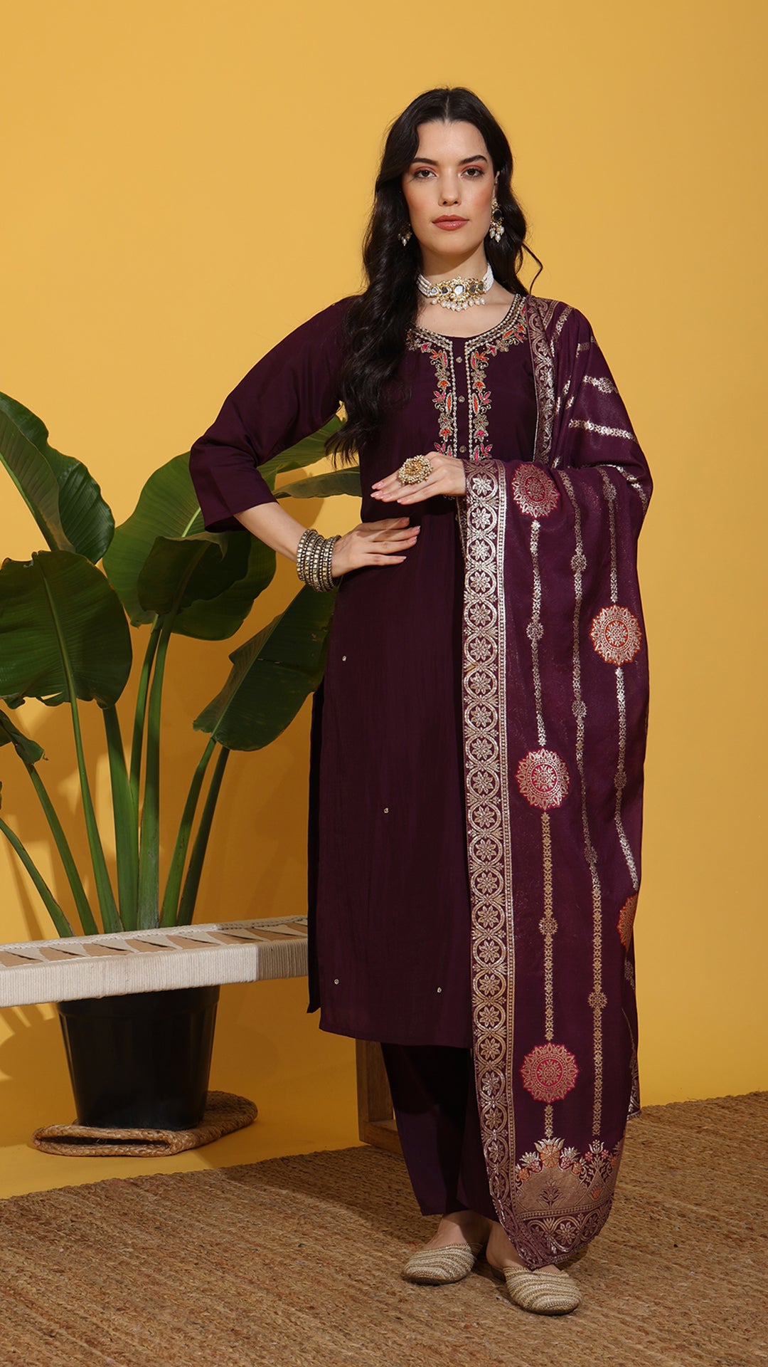 Wine colour suit with hand embroidery on neck with heavy dupatta suit set