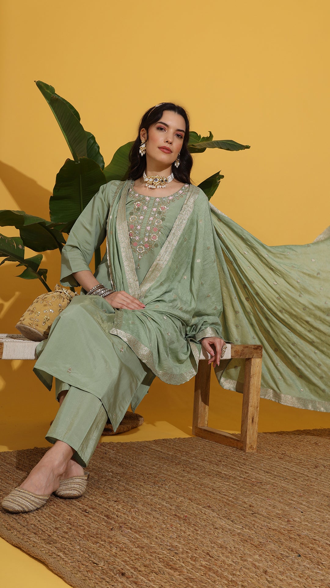 Pista green hand embroidery on neck suit set