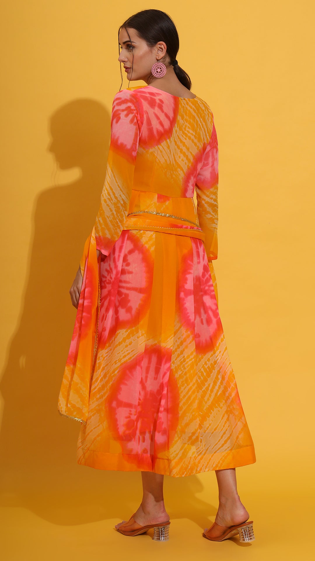 Designer Anarkali gown set in yellow and pink for festive occasions