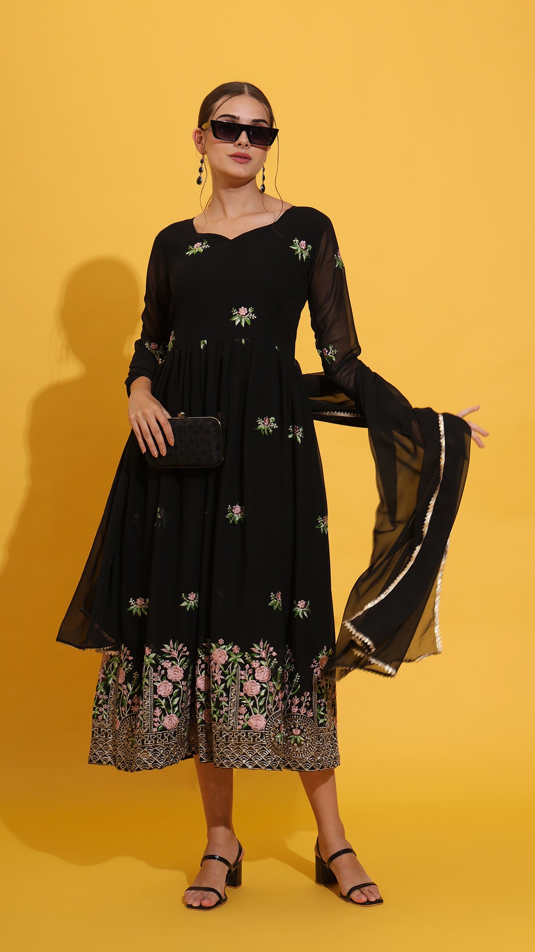 “Front view of black embroidered work gown with dupatta set – elegant ethnic wear for women”