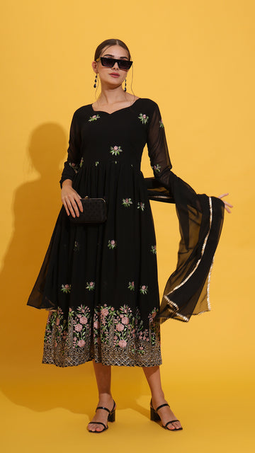 “Front view of black embroidered work gown with dupatta set – elegant ethnic wear for women”