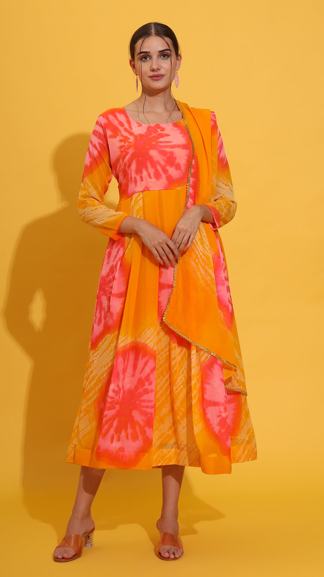 Premium women’s Anarkali gown set in vibrant yellow and pink hues