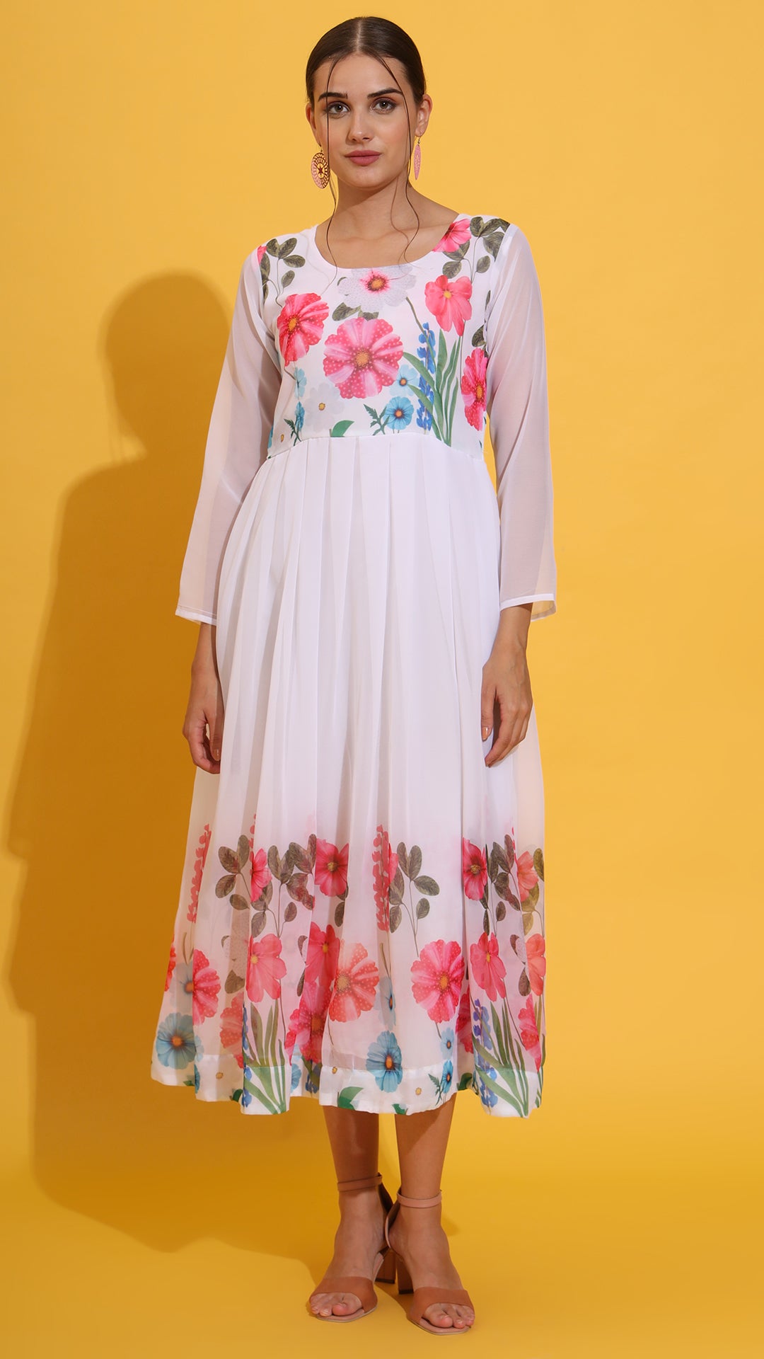 White floral gown with dupatta set for women, perfect ethnic wear for weddings