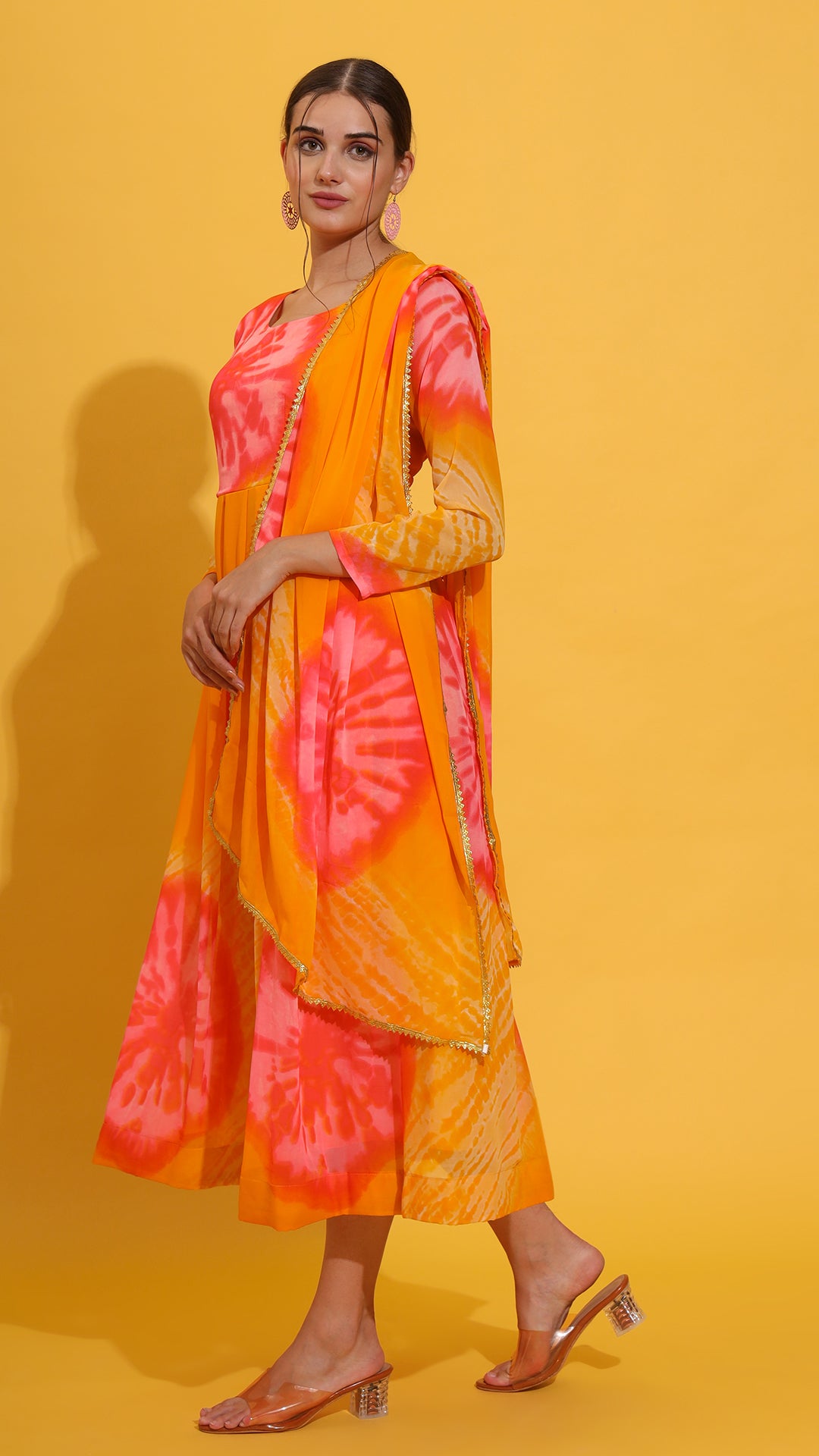 Stylish yellow and pink Anarkali gown set for weddings and parties