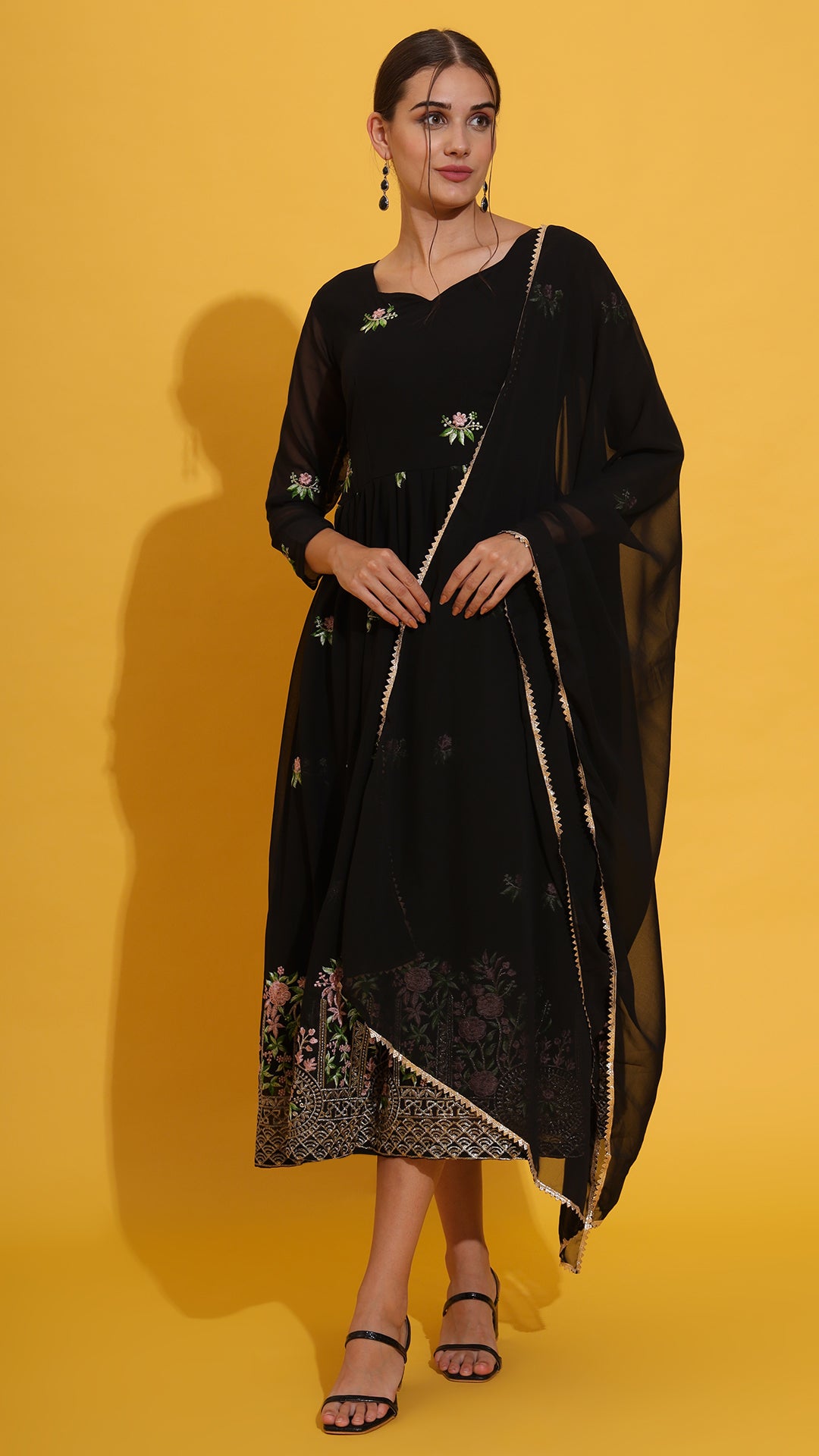 Black embroidered work gown +dupatta set