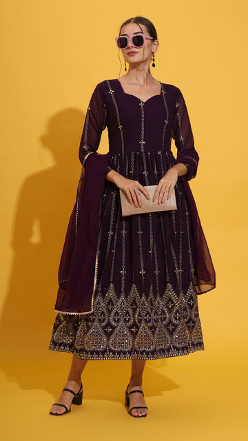 Purple embroidered Gown + Dupatta set