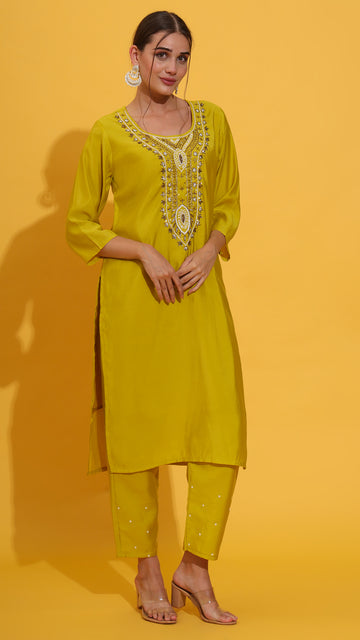 Lemon yellow hand embroidery on neck suit set