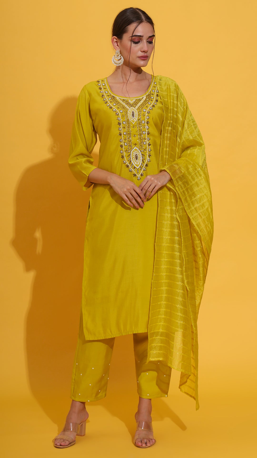 Lemon yellow hand embroidery on neck suit set