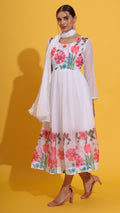 Premium white floral gown set featuring delicate prints and dupatta