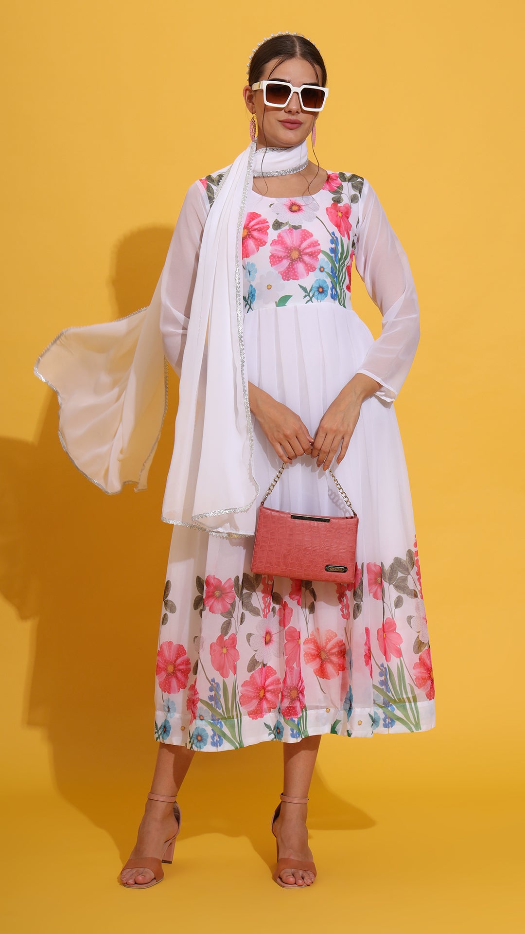 White floral gown with dupatta set for women, perfect ethnic wear for weddings