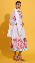 Traditional Indian ethnic gown with dupatta in white floral design
