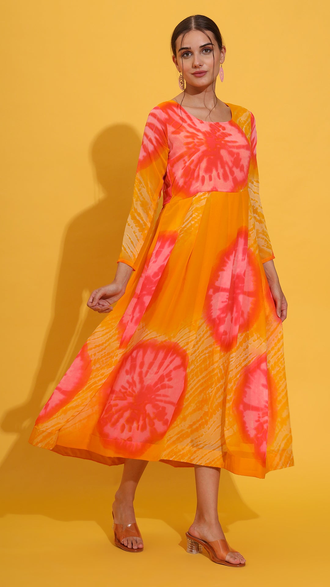 Elegant yellow pink Anarkali gown outfit for women with dupatta