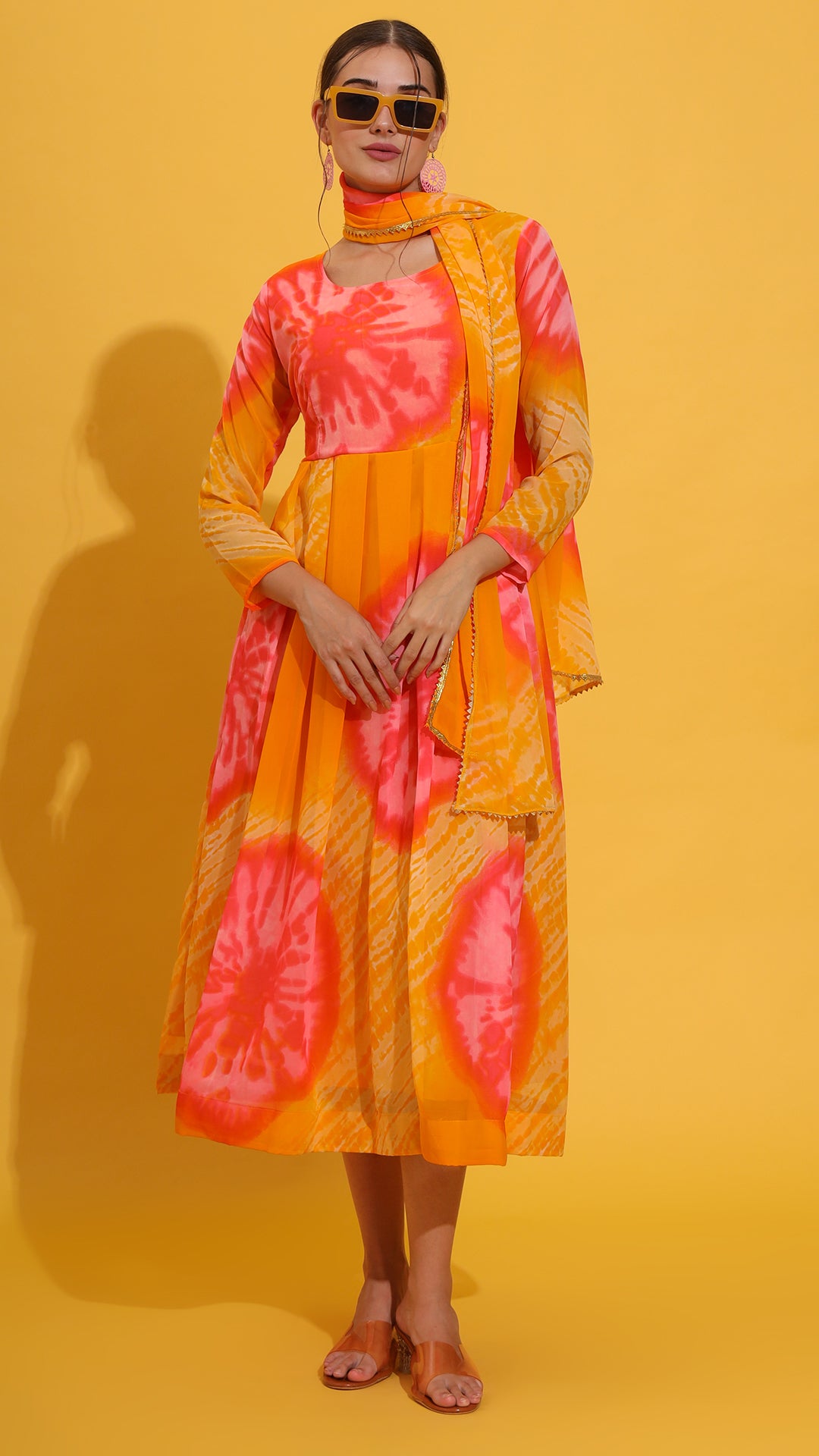 Yellow and pink printed Anarkali gown set for women with dupatta